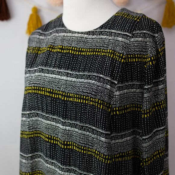 H&M Black Yellow Geometric Stripe 3/4 Sleeve Swing Mini Dress 12 Women's - Picture 2 of 5